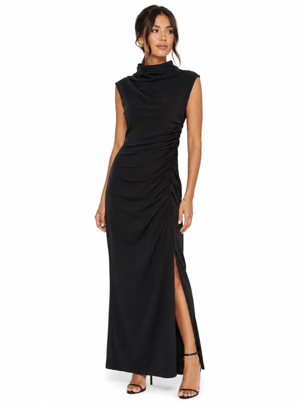ANTHROPOLOGIE Maya Ruched Cowl Neck Maxi Dress Black XS Sleeveless Mock Neck NWT